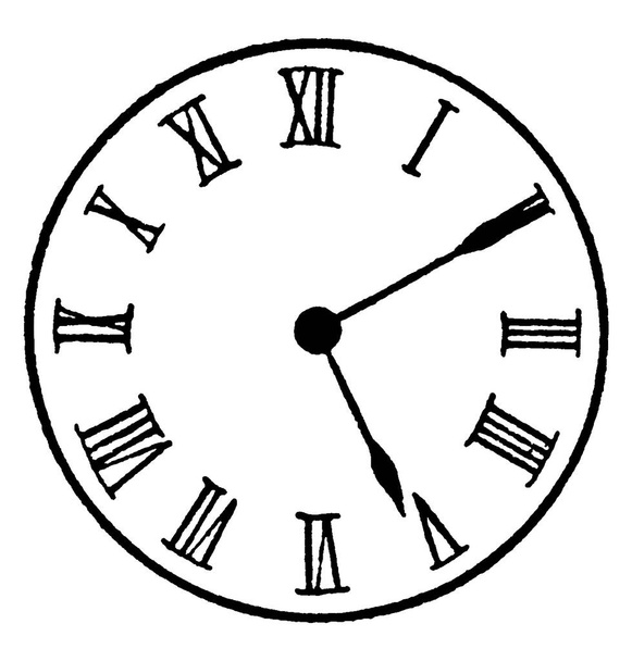 Figura que muestra el reloj analógico con números romanos, y son las cinco y diez en el reloj, dibujo de línea vintage o ilustración de grabado. - Vector, imagen