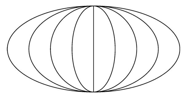 Four Concentric Ellipses with vertical line in center. The major axis is greater than minor axis for outer two ellipses, equal for the third ellipse, and for the inner most ellipse axis are interchanged, vintage line drawing or engraving illustration - Vector, Image