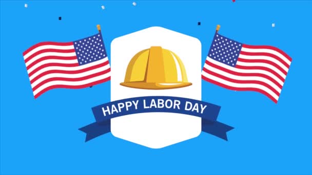feliz celebración del día del trabajo con banderas de EE.UU. y construcción del casco
 - Imágenes, Vídeo