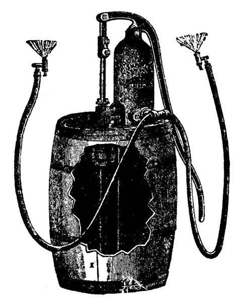 Orchard Barrel Pump es una bomba manual para pulverizar insecticida, dibujo de línea vintage o ilustración de grabado. - Vector, Imagen