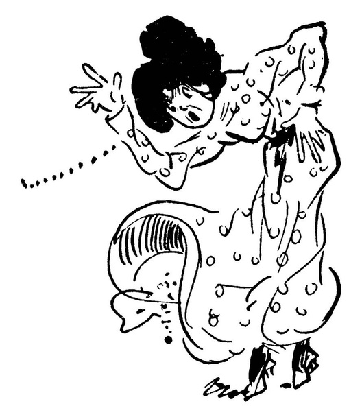 Sarjakuva naisten osoittaa hänen röyhelöinen frilled mekko, vintage linja piirustus tai kaiverrus kuva. - Vektori, kuva