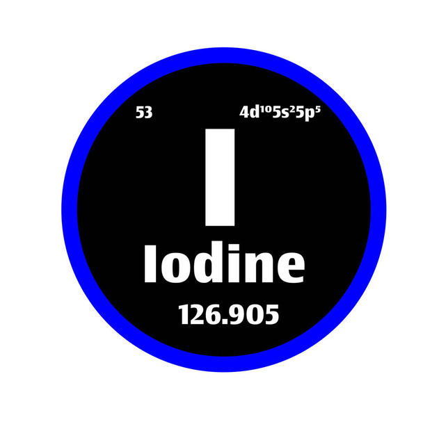 Botón de yodo (I) sobre fondo de botón de círculo blanco y negro con contorno azul en la tabla periódica de elementos con número atómico o un concepto o experimento de ciencia química
. - Vector, imagen