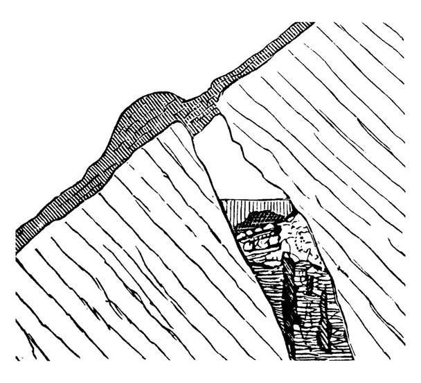 A typical representation of an ancient mining shaft from the mound-builders, where copper was brought up. Mining is the extraction of valuable minerals or other geological materials from the earth, vintage line drawing or engraving illustration  - Vector, Image