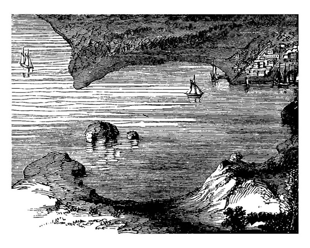 Una imagen de una bahía, un empotrado, cuerpo costero de agua, trazado de líneas vintage o ilustración de grabado. - Vector, Imagen