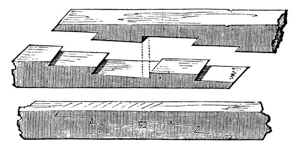 Una máquina de carpintería en la que se aplica el método de mortificación, inserción en la que se recibe la extremidad saliente de una pieza de madera en una perforación en otra, dibujo de líneas vintage o ilustración de grabado. - Vector, Imagen
