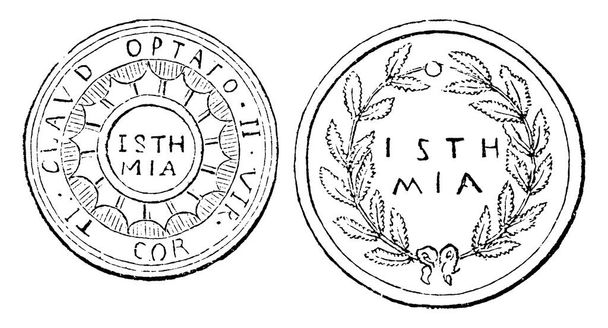 Isthmian hry se objevily častěji než olympijské a Pythian. Byly oslavovány jednou za dva roky, Isthmian Korintským, na jejich šíji, na počest Poseidon (Neptun), vinobraní čáry kresby nebo rytiny ilustrace. - Vektor, obrázek