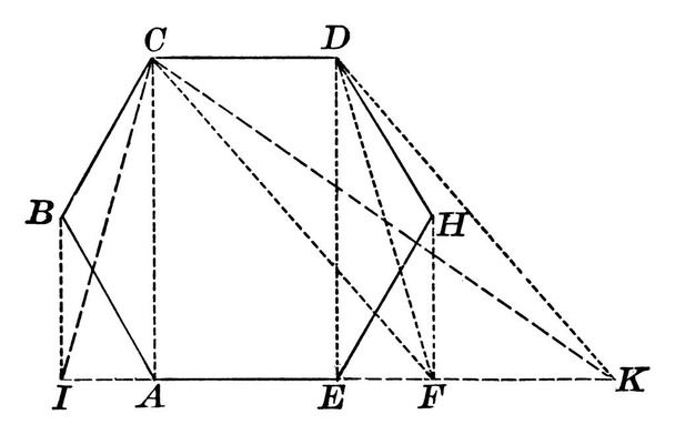 Construction de l'hexagone avec les sommets A, B, C, D, H, et E comme indiqué, dessin de ligne vintage ou illustration de gravure. - Vecteur, image