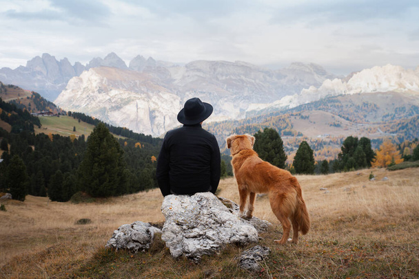 man in Hat with a dog in the mountains valley. Nova Scotia Duck Tolling Retriever with a people. men sit on a stone near a cliff - Foto, imagen