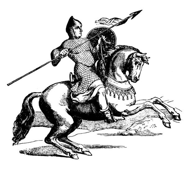 Zırhı ve kalkanı olan at üstündeki bir asker, klasik çizim ya da gravür çizimi. - Vektör, Görsel