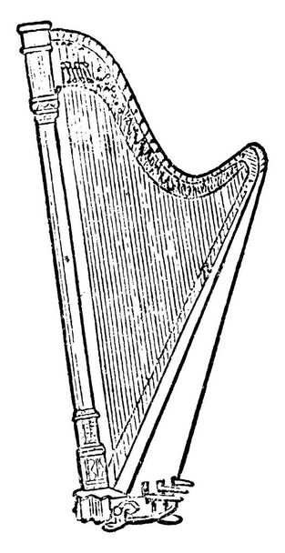 Saiten des Saiteninstrumentes, das mit den Fingern gezupft wird, um Klang und Musik zu erzeugen. Es hat eine Reihe solcher Einzelsaiten, die schräg zum Resonanzboden stehen. Hier zu sehen ist eine moderne Erard-Harfe, Vintage-Strichzeichnung oder Gravur. - Vektor, Bild