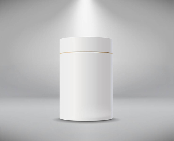 Valkoinen sylinterilaatikko. Pyöreä tyhjä paperi laatikko ruokaa keitto teetä tai kahvia. Valkoisen tyhjän laatikon vektorimalli - Vektori, kuva