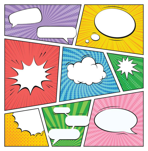 Comic page background. Colorful striped background with smoke clouds and speech bubbles - Vector, Image