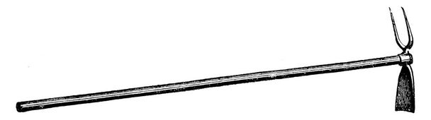 Комбинация вилки и мотыги - это садовый инструмент, рисунок винтажной линии или гравировка. - Вектор,изображение