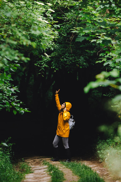 Sarı yağmurluklu kadın yağmurlu ormanda yürüyor. Dikiz aynası. kopyalama alanı. Büyük dünyadaki küçük insanlar. - Fotoğraf, Görsel