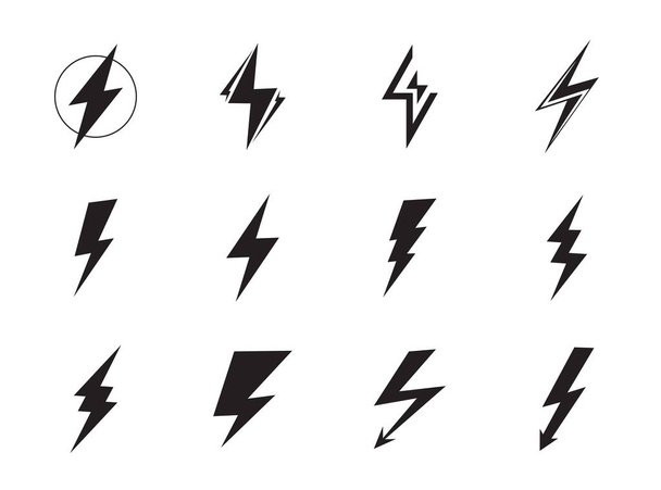 稲妻のベクトルセット。電圧、電気、電力記号または雷、フラッシュライト、白の背景に隔離された電力雷ボルト. - ベクター画像