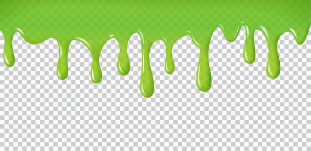 Realistic dripping slime. Green paint drips and flowing. Radioactive splashes liquid and blobs for halloween design isolated on transparent background, vector illustration - Vector, Image