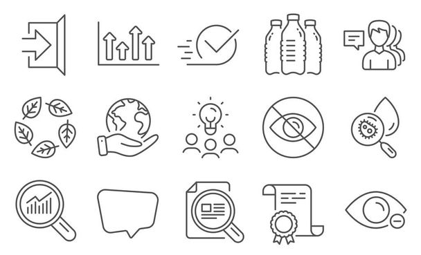 Set of Business icons, such as Water bottles, Water analysis. Diploma, ideas, save planet. People, Organic tested, Data analysis. Upper arrows, Checkbox, Exit. Vector - Вектор, зображення