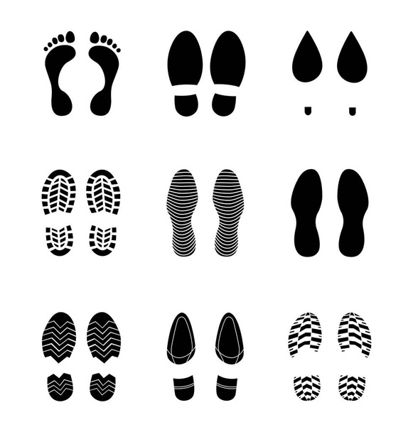 Traccia di piede umano. Impronte silhouette scarpe umane, set vettoriale, isolato su sfondo bianco. Illustrazione vettoriale - Vettoriali, immagini