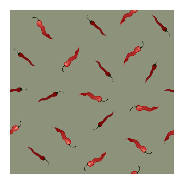 Naadloos patroon met rode, hete peper op een grijs-groene achtergrond. Warme peper, in de sectie. Peper. Voor stof, papier, productie en creatief design.. Vector illustratie - Vector, afbeelding