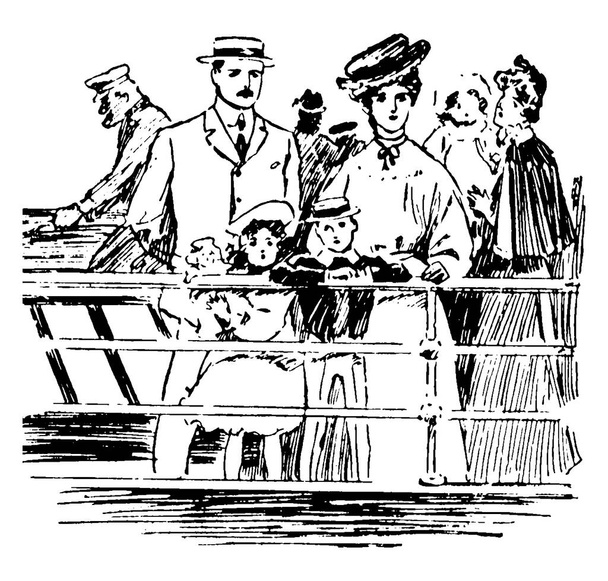 На картині зображено кількох чоловіків та дітей зі своїми іграшками, які подорожують на човні та захоплюються мальовничим видом, вінтажним малюнком лінії або гравюрною ілюстрацією
. - Вектор, зображення