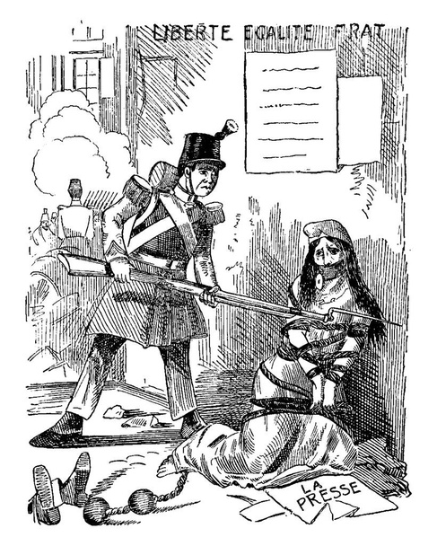 Politický karikatura zobrazující napoleon drží zbraň v rukou ukázal na vězně, vinobraní čáry kreslení nebo rytí ilustrace. - Vektor, obrázek