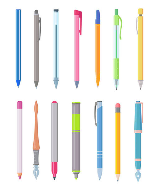 Cartoon pen and pencils. Set of simple drawing items isolated on white - Vector, Image