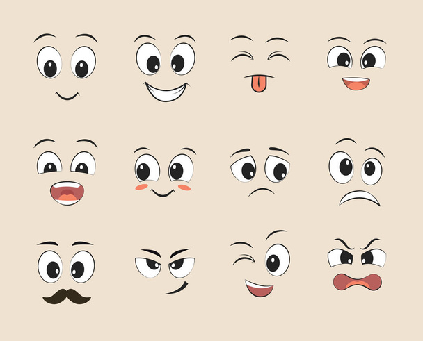 Een stel grappige gezichten. Cartoon gezichten met verschillende uitdrukkingen, met de ogen en mond, design elementen. Vector illustraties. - Vector, afbeelding