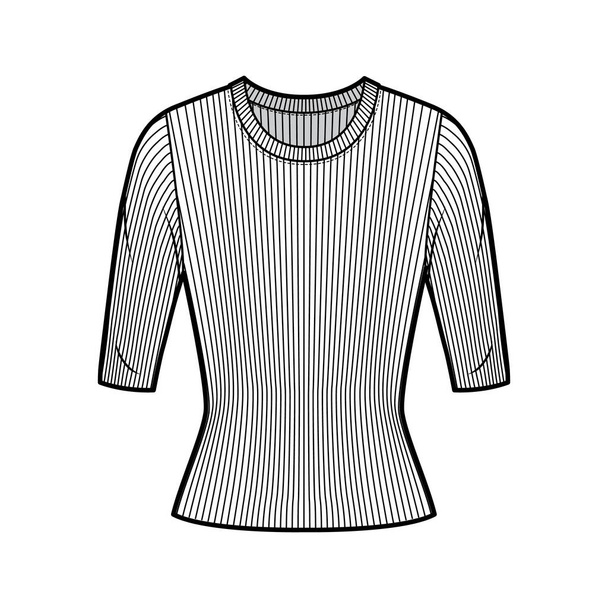 Żebrowana załoga szyja dzianina sweter techniczny moda ilustracja z krótkimi rękawami żeber, blisko dopasowany kształt, długość tuniki.  - Wektor, obraz