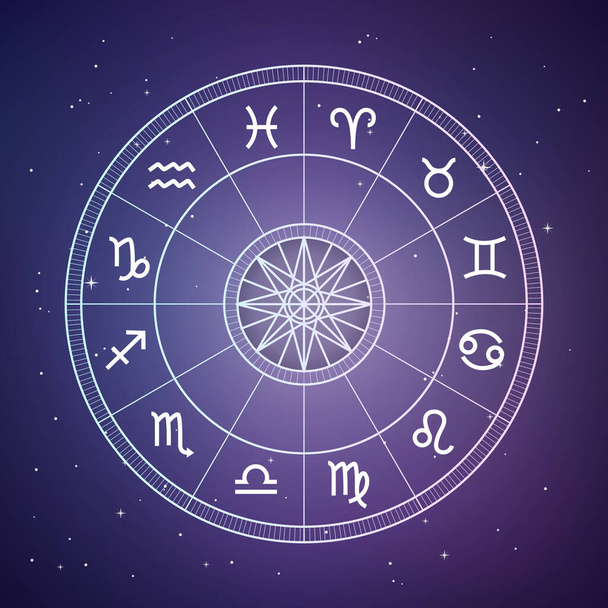 Cercle zodiacal. Astrologie et concept d'horoscopes. Roue du zodiaque vectoriel avec signes du zodiaque sur un fond d'espace - Vecteur, image
