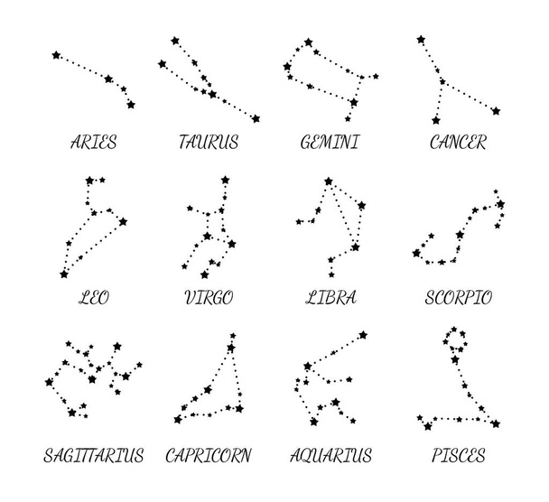 Zodiac takımyıldızları. Koç, Taurus, Leo, Gemini, Başak, Akrep, Terazi, Kova burcu Balık burcu Oğlak Kanser Vektörü beyaz arka planda izole edildi - Vektör, Görsel