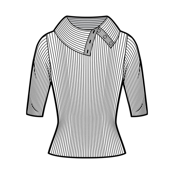 Широка кнопка з ребристим в'язаним светром технічна модна ілюстрація з ліктьовими рукавами, крупним планом
.  - Вектор, зображення