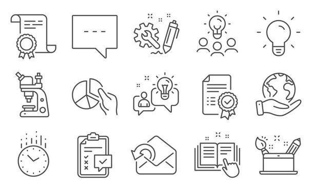 Set of Education icons, such as Creativity concept, Technical documentation. Diploma, ideas, save planet. Idea, Microscope, Engineering. Certificate, Send mail, Blog. Vector - Vektor, obrázek