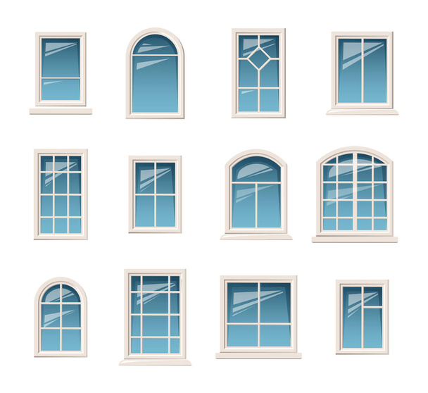 Çeşitli beyaz pencerelerin vektör koleksiyonu. Çeşitli tipte plastik pencere koleksiyonu. İç ve dış unsurlar. - Vektör, Görsel