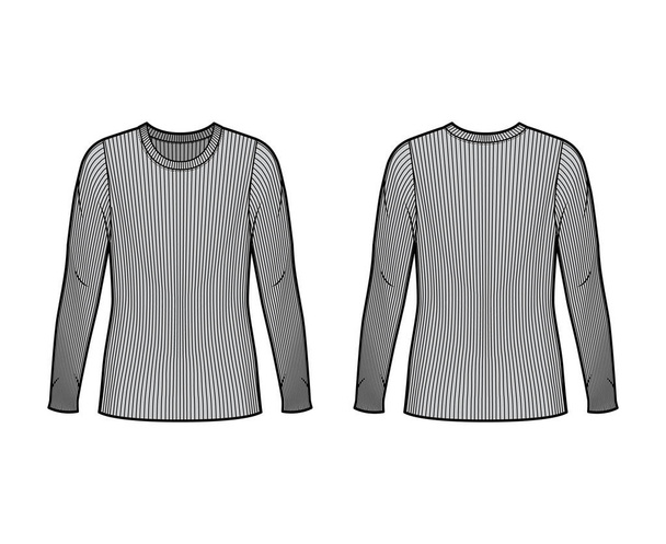Žebrovaný pás krk pletený svetr technická módní ilustrace s dlouhými rukávy, nadrozměrné tělo, délka tuniky.  - Vektor, obrázek