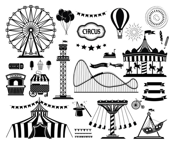 Conjunto de iconos de silueta de circo, parque de atracciones. Parques de carnaval atracción carrusel, diversión montaña rusa y ferris rueda atracciones
. - Vector, imagen