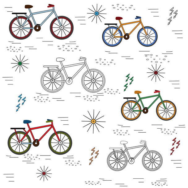 sports pattern with multicolored bicycles on a white background, color illustration, texture, design, decoration, print - Vector, Image