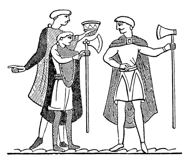 Το Bayeux Tapestry, ένα κεντημένο ύφασμα μεσαίου μήκους και ύψους, απεικονίζει το γεγονός, το στέμμα που προσφέρεται στον Χάρολντ από τους ανθρώπους, σχέδιο vintage γραμμής ή χαρακτική απεικόνιση. - Διάνυσμα, εικόνα