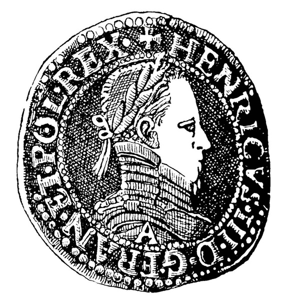 Averzní strana stříbrného franku Jindřicha III. s portrétem a nápisem. Frank založený jako národní měna francouzskou revoluční konvencí v roce 1795, starodávná čára kresby nebo rytiny ilustrace. - Vektor, obrázek