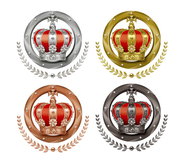 Illustrazione della corona. Quattro icone. / Oro, argento, distintivi in bronzo. - Foto, immagini