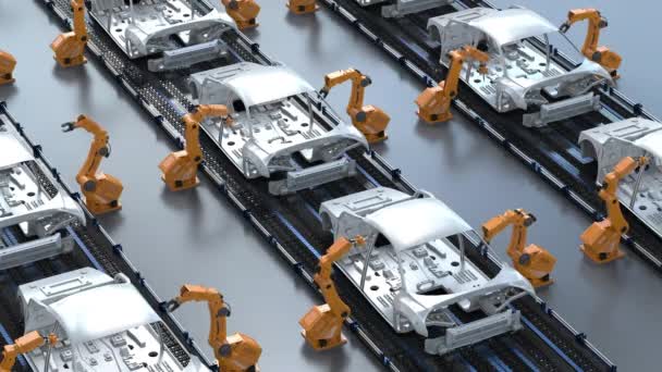Conceito de fábrica de aumobile de automação com linha de montagem de robô de renderização 3d em imagens 4k de fábrica de carros
 - Filmagem, Vídeo