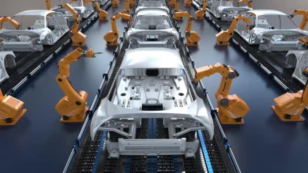 Automatización concepto de fábrica aumobile con 3d renderizado robot línea de montaje en la fábrica de coches 4k metraje - Metraje, vídeo
