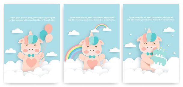Set of baby shower cards with cute unicorn . - Vector, Image