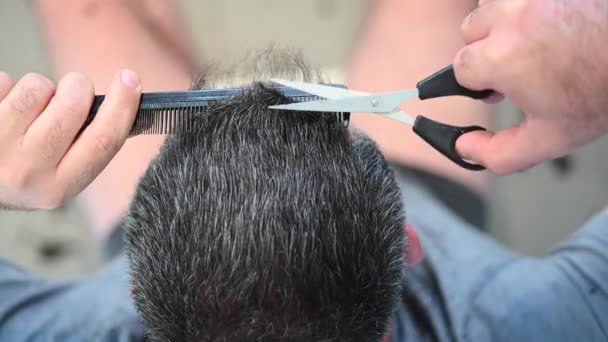 Starší dospělý muž (ve věku 40-50 let) s šedivými vlasy při pohledu na sebe v zrcadle a rozhodnutí obarvit si vlasy. - Záběry, video
