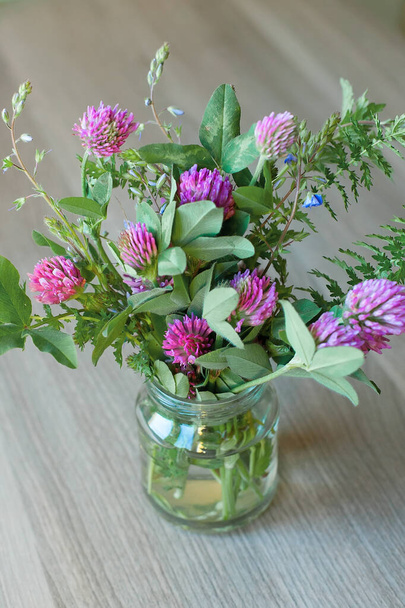 Bouquet of clover flowers in a vase. Rustic still life with clover wildflowers. Natural still life. Selective soft focus. - Фото, зображення