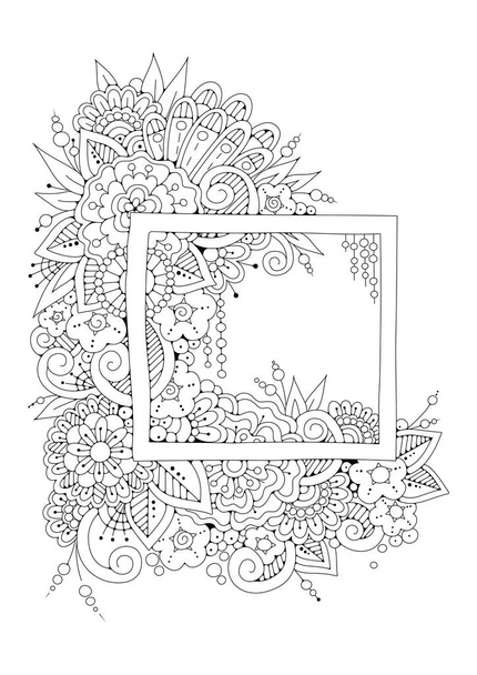 Hand drawn backdrop. Coloring book, page for adult and older children. Black and white abstract floral pattern. Vector illustration. Design for meditation. - Vecteur, image