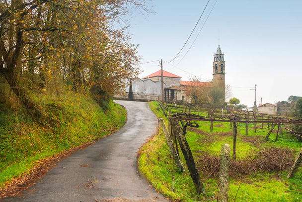 Straße zur romanischen Kirche Sankt Martin in der ländlichen Stadt Meis, Galizien, Spanien - Foto, Bild