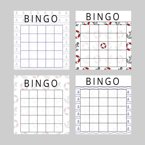 Cartes de bingo pour les voyages en mer avec place pour les numéros. Modèles de billets de loterie imprimables avec des motifs amusants. Illustration vectorielle - Vecteur, image