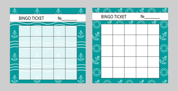 Billets de bingo avec place pour les numéros. Modèles de cartes de loterie vectorielle avec ancres, vagues et bouée de sauvetage sur le fond bleu marin - Vecteur, image
