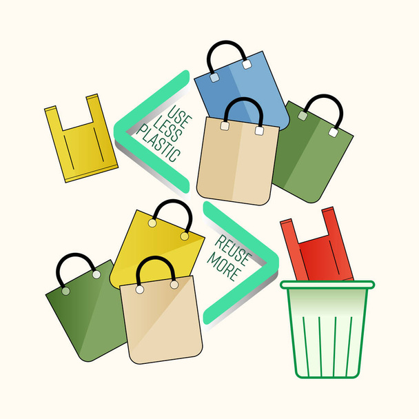 Use less plastic bag, use more reusable container to reduce plastic pollution. Less than, greater than math symbol as a gimmick to represent. Vector illustration outline flat design style. - Vector, Image