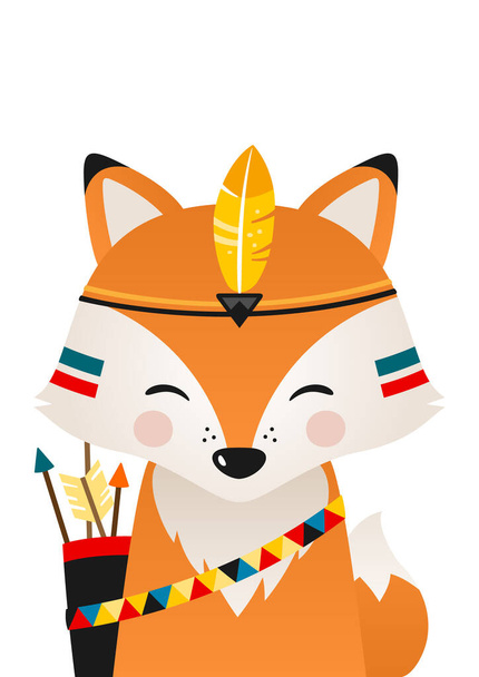 Cute fox have headdress with feathers on head. Woodland forest animal. Cartoon apache fox. Design can be used for kids apparel, greeting card, invitation, baby shower. Vector illustration. - Vektor, Bild